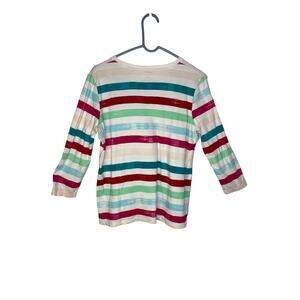 Kim Rogers blouse knit shirt women's medium white multi colored striped soft